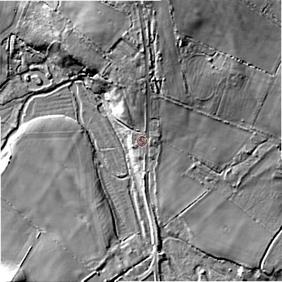 Shaded relief map of the ground around BH207LS, computed from Environment Agency LiDAR. The ground here sits at about 30 m above sea level and falls 24 m across the surrounding 800 m. Surface water reaching this point runs off ground lying to the north, 17.2 m higher.