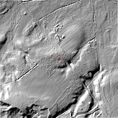 Shaded relief map of the ground around BH207NZ, computed from Environment Agency LiDAR. The ground here sits at about 24 m above sea level and falls 20 m across the surrounding 800 m. Surface water reaching this point runs off ground lying to the south-west, 1.9 m higher.