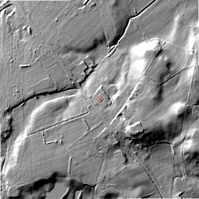 Shaded relief map of the ground around BH207PA, computed from Environment Agency LiDAR. The ground here sits at about 30 m above sea level and falls 24 m across the surrounding 800 m. Surface water reaching this point runs off ground lying to the south, 1.8 m higher.