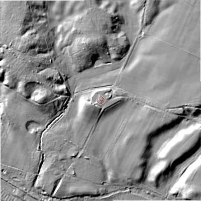 Shaded relief map of the ground around BH207PD, computed from Environment Agency LiDAR. The ground here sits at about 19 m above sea level and falls 20 m across the surrounding 800 m. Surface water reaching this point runs off ground lying to the east-north-east, 0.9 m higher.