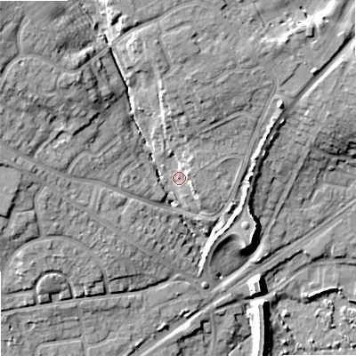 Shaded relief map of the ground around BH207PQ, computed from Environment Agency LiDAR. The ground here sits at about 8 m above sea level and falls 20 m across the surrounding 800 m. Surface water reaching this point runs off ground lying to the north, 7.4 m higher.