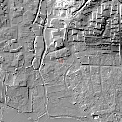 Shaded relief map of the ground around BH211AB, computed from Environment Agency LiDAR. The ground here sits at about 18 m above sea level and falls 32 m across the surrounding 800 m. Surface water reaching this point runs off ground lying to the north-east, 27.6 m higher.