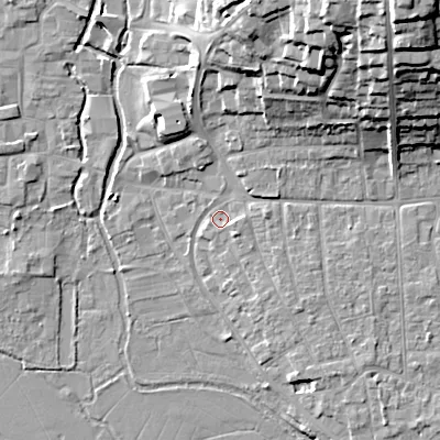 Shaded relief map of the ground around BH211AD, computed from Environment Agency LiDAR. The ground here sits at about 18 m above sea level and falls 31 m across the surrounding 800 m. Surface water reaching this point runs off ground lying to the south-east, 2.2 m higher.
