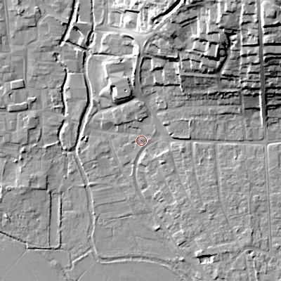 Shaded relief map of the ground around BH211AF, computed from Environment Agency LiDAR. The ground here sits at about 18 m above sea level and falls 30 m across the surrounding 800 m. Surface water reaching this point runs off ground lying to the north-east, 25.1 m higher.