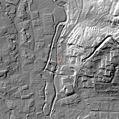 Shaded relief map of the ground around BH211AG, computed from Environment Agency LiDAR. The ground here sits at about 18 m above sea level and falls 35 m across the surrounding 800 m. Surface water reaching this point runs off ground lying to the north-east, 35.1 m higher.