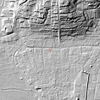 Shaded relief map of the ground around BH211AJ, computed from Environment Agency LiDAR. The ground here sits at about 19 m above sea level and falls 31 m across the surrounding 800 m. Surface water reaching this point runs off ground lying to the north, 25.6 m higher.
