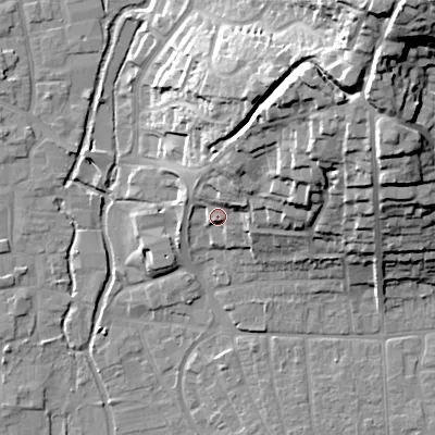 Shaded relief map of the ground around BH211AN, computed from Environment Agency LiDAR. The ground here sits at about 24 m above sea level and falls 45 m across the surrounding 800 m. Surface water reaching this point runs off ground lying to the north-north-east, 10.2 m higher.