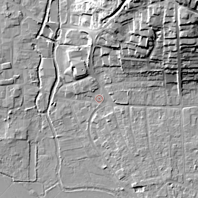 Shaded relief map of the ground around BH211AP, computed from Environment Agency LiDAR. The ground here sits at about 18 m above sea level and falls 32 m across the surrounding 800 m. Surface water reaching this point runs off ground lying to the north-north-east, 27.0 m higher.