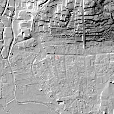 Shaded relief map of the ground around BH211AQ, computed from Environment Agency LiDAR. The ground here sits at about 19 m above sea level and falls 31 m across the surrounding 800 m. Surface water reaching this point runs off ground lying to the south, 1.8 m higher.