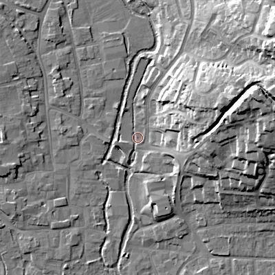 Shaded relief map of the ground around BH211AS, computed from Environment Agency LiDAR. The ground here sits at about 18 m above sea level and falls 33 m across the surrounding 800 m. Surface water reaching this point runs off ground lying to the north-east, 33.1 m higher.