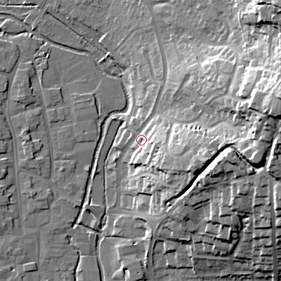 Shaded relief map of the ground around BH211AU, computed from Environment Agency LiDAR. The ground here sits at about 23 m above sea level and falls 43 m across the surrounding 800 m. Surface water reaching this point runs off ground lying to the east-north-east, 36.5 m higher.