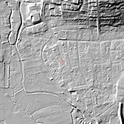 Shaded relief map of the ground around BH211BE, computed from Environment Agency LiDAR. The ground here sits at about 19 m above sea level and falls 23 m across the surrounding 800 m. Surface water reaching this point runs off ground lying to the south-east, 1.0 m higher.