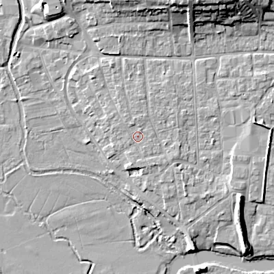 Shaded relief map of the ground around BH211BG, computed from Environment Agency LiDAR. The ground here sits at about 19 m above sea level and falls 14 m across the surrounding 800 m. Surface water reaching this point runs off ground lying to the north-north-west, 0.7 m higher.