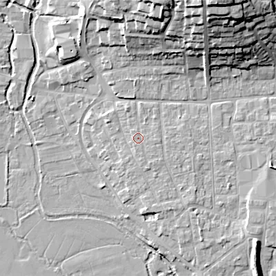 Shaded relief map of the ground around BH211BJ, computed from Environment Agency LiDAR. The ground here sits at about 19 m above sea level and falls 27 m across the surrounding 800 m. Surface water reaching this point runs off ground lying to the south-south-east, 1.1 m higher.