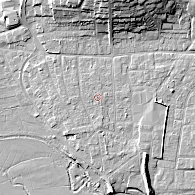 Shaded relief map of the ground around BH211BL, computed from Environment Agency LiDAR. The ground here sits at about 19 m above sea level and falls 20 m across the surrounding 800 m. Surface water reaching this point runs off ground lying to the south-south-west, 1.2 m higher.