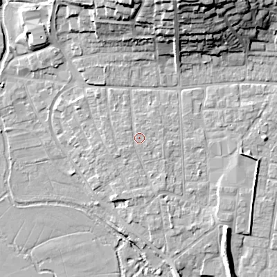 Shaded relief map of the ground around BH211BN, computed from Environment Agency LiDAR. The ground here sits at about 19 m above sea level and falls 23 m across the surrounding 800 m. The ground contributing surface water to this point lies to the south-east.