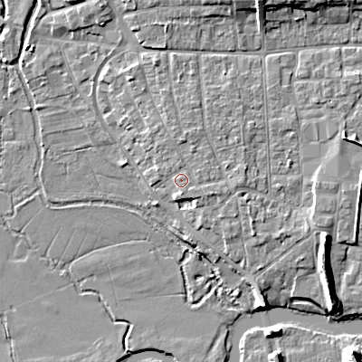 Shaded relief map of the ground around BH211BQ, computed from Environment Agency LiDAR. The ground here sits at about 19 m above sea level and falls 10 m across the surrounding 800 m. Surface water reaching this point runs off ground lying to the east-south-east, 1.3 m higher.