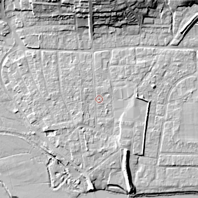 Shaded relief map of the ground around BH211BS, computed from Environment Agency LiDAR. The ground here sits at about 19 m above sea level and falls 17 m across the surrounding 800 m. Surface water reaching this point runs off ground lying to the south-south-west, 2.1 m higher.