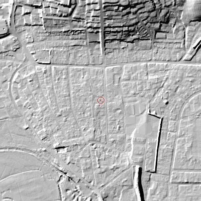 Shaded relief map of the ground around BH211BT, computed from Environment Agency LiDAR. The ground here sits at about 19 m above sea level and falls 23 m across the surrounding 800 m. Surface water reaching this point runs off ground lying to the south, 2.1 m higher.