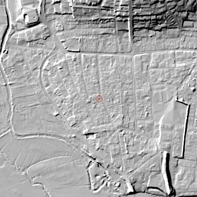 Shaded relief map of the ground around BH211BW, computed from Environment Agency LiDAR. The ground here sits at about 19 m above sea level and falls 18 m across the surrounding 800 m. Surface water reaching this point runs off ground lying to the west, 0.5 m higher.
