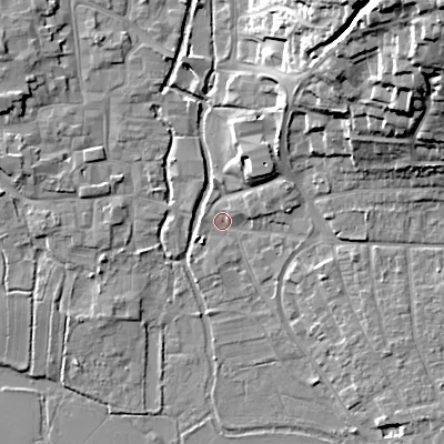 Shaded relief map of the ground around BH211DT, computed from Environment Agency LiDAR. The ground here sits at about 18 m above sea level and falls 29 m across the surrounding 800 m. Surface water reaching this point runs off ground lying to the north-east, 28.1 m higher.