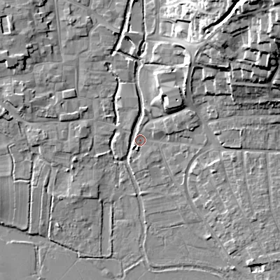 Shaded relief map of the ground around BH211DU, computed from Environment Agency LiDAR. The ground here sits at about 18 m above sea level and falls 27 m across the surrounding 800 m. Surface water reaching this point runs off ground lying to the north-east, 25.6 m higher.