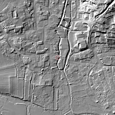 Shaded relief map of the ground around BH211DX, computed from Environment Agency LiDAR. The ground here sits at about 18 m above sea level and falls 27 m across the surrounding 800 m. Surface water reaching this point runs off ground lying to the north-west, 6.8 m higher.