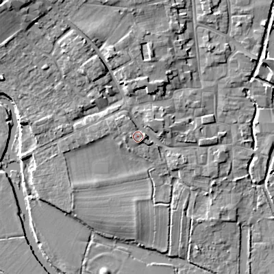 Shaded relief map of the ground around BH211DZ, computed from Environment Agency LiDAR. The ground here sits at about 21 m above sea level and falls 11 m across the surrounding 800 m. Surface water reaching this point runs off ground lying to the north-west, 1.8 m higher.