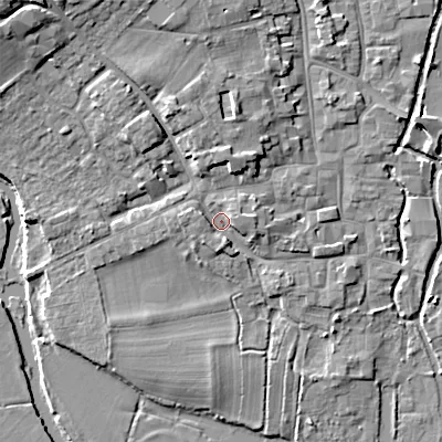 Shaded relief map of the ground around BH211EA, computed from Environment Agency LiDAR. The ground here sits at about 20 m above sea level and falls 13 m across the surrounding 800 m. Surface water reaching this point runs off ground lying to the north, 4.2 m higher.