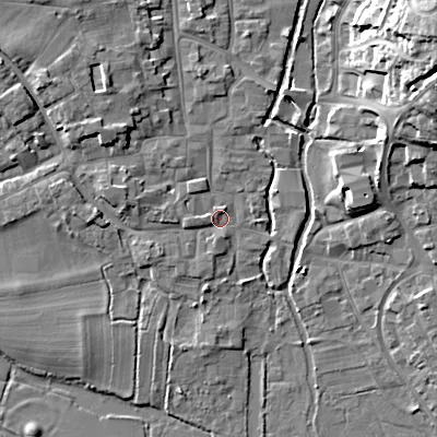 Shaded relief map of the ground around BH211EB, computed from Environment Agency LiDAR. The ground here sits at about 19 m above sea level and falls 21 m across the surrounding 800 m. Surface water reaching this point runs off ground lying to the west, 2.2 m higher.