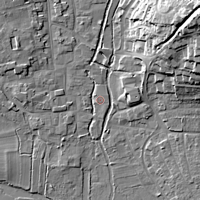 Shaded relief map of the ground around BH211ED, computed from Environment Agency LiDAR. The ground here sits at about 19 m above sea level and falls 28 m across the surrounding 800 m. Surface water reaching this point runs off ground lying to the north-north-west, 2.4 m higher.
