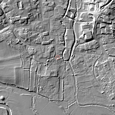 Shaded relief map of the ground around BH211EE, computed from Environment Agency LiDAR. The ground here sits at about 18 m above sea level and falls 21 m across the surrounding 800 m. Surface water reaching this point runs off ground lying to the west-south-west, 2.1 m higher.