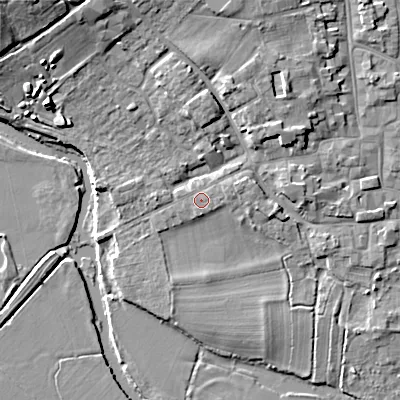 Shaded relief map of the ground around BH211EF, computed from Environment Agency LiDAR. The ground here sits at about 20 m above sea level and falls 14 m across the surrounding 800 m. Surface water reaching this point runs off ground lying to the east-north-east, 1.3 m higher.