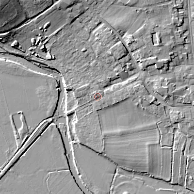 Shaded relief map of the ground around BH211EQ, computed from Environment Agency LiDAR. The ground here sits at about 20 m above sea level and falls 18 m across the surrounding 800 m. Surface water reaching this point runs off ground lying to the north-north-west, 7.8 m higher.