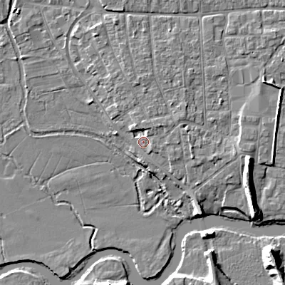 Shaded relief map of the ground around BH211GF, computed from Environment Agency LiDAR. The ground here sits at about 19 m above sea level and falls 11 m across the surrounding 800 m. Surface water reaching this point runs off ground lying to the east-north-east, 2.2 m higher.
