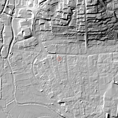 Shaded relief map of the ground around BH211GH, computed from Environment Agency LiDAR. The ground here sits at about 19 m above sea level and falls 31 m across the surrounding 800 m. Surface water reaching this point runs off ground lying to the south, 1.6 m higher.