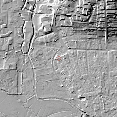 Shaded relief map of the ground around BH211GN, computed from Environment Agency LiDAR. The ground here sits at about 19 m above sea level and falls 31 m across the surrounding 800 m. Surface water reaching this point runs off ground lying to the east-north-east, 0.9 m higher.