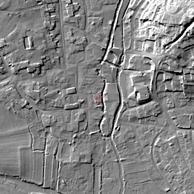 Shaded relief map of the ground around BH211GP, computed from Environment Agency LiDAR. The ground here sits at about 19 m above sea level and falls 25 m across the surrounding 800 m. Surface water reaching this point runs off ground lying to the south, 1.9 m higher.