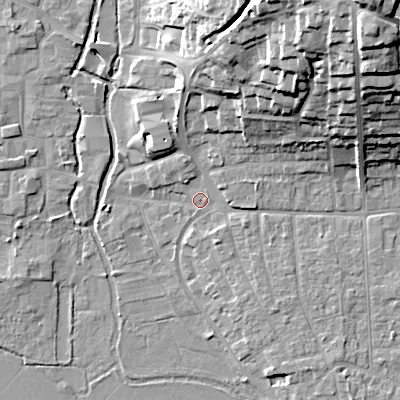 Shaded relief map of the ground around BH211GR, computed from Environment Agency LiDAR. The ground here sits at about 18 m above sea level and falls 32 m across the surrounding 800 m. Surface water reaching this point runs off ground lying to the north-east, 26.6 m higher.