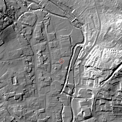 Shaded relief map of the ground around BH211GT, computed from Environment Agency LiDAR. The ground here sits at about 19 m above sea level and falls 27 m across the surrounding 800 m. Surface water reaching this point runs off ground lying to the north-west, 2.9 m higher.