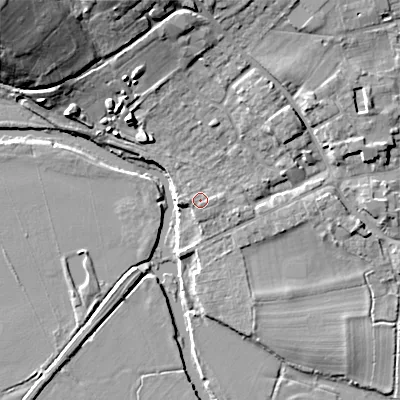 Shaded relief map of the ground around BH211HF, computed from Environment Agency LiDAR. The ground here sits at about 20 m above sea level and falls 23 m across the surrounding 800 m. Surface water reaching this point runs off ground lying to the north, 2.3 m higher.