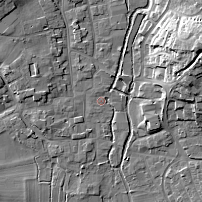 Shaded relief map of the ground around BH211HG, computed from Environment Agency LiDAR. The ground here sits at about 19 m above sea level and falls 24 m across the surrounding 800 m. Surface water reaching this point runs off ground lying to the north-north-west, 1.0 m higher.