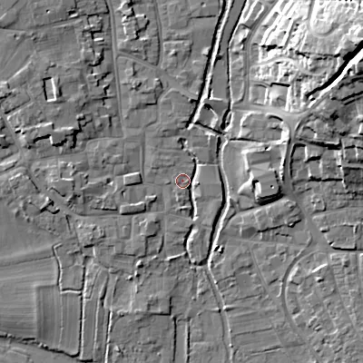 Shaded relief map of the ground around BH211HH, computed from Environment Agency LiDAR. The ground here sits at about 18 m above sea level and falls 25 m across the surrounding 800 m. Surface water reaching this point runs off ground lying to the north, 2.4 m higher.