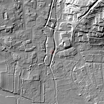 Shaded relief map of the ground around BH211HN, computed from Environment Agency LiDAR. The ground here sits at about 19 m above sea level and falls 29 m across the surrounding 800 m. Surface water reaching this point runs off ground lying to the north-east, 10.5 m higher.