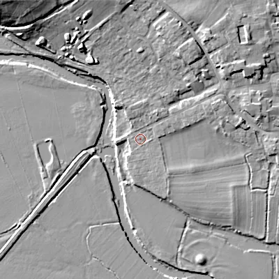 Shaded relief map of the ground around BH211HP, computed from Environment Agency LiDAR. The ground here sits at about 19 m above sea level and falls 17 m across the surrounding 800 m. Surface water reaching this point runs off ground lying to the north, 5.5 m higher.
