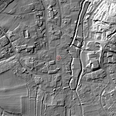 Shaded relief map of the ground around BH211HR, computed from Environment Agency LiDAR. The ground here sits at about 19 m above sea level and falls 21 m across the surrounding 800 m. Surface water reaching this point runs off ground lying to the north-west, 8.0 m higher.
