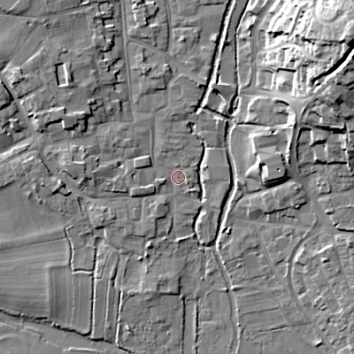 Shaded relief map of the ground around BH211HS, computed from Environment Agency LiDAR. The ground here sits at about 18 m above sea level and falls 23 m across the surrounding 800 m. Surface water reaching this point runs off ground lying to the west-north-west, 6.1 m higher.