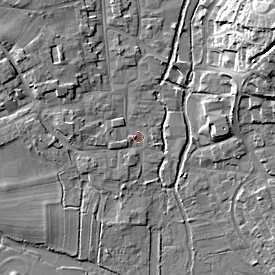 Shaded relief map of the ground around BH211HT, computed from Environment Agency LiDAR. The ground here sits at about 19 m above sea level and falls 22 m across the surrounding 800 m. Surface water reaching this point runs off ground lying to the north-west, 6.1 m higher.