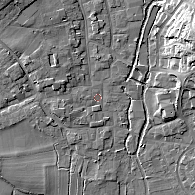 Shaded relief map of the ground around BH211HU, computed from Environment Agency LiDAR. The ground here sits at about 19 m above sea level and falls 19 m across the surrounding 800 m. Surface water reaching this point runs off ground lying to the north-west, 8.0 m higher.