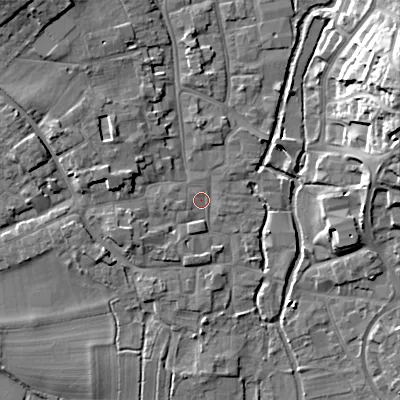 Shaded relief map of the ground around BH211HY, computed from Environment Agency LiDAR. The ground here sits at about 19 m above sea level and falls 19 m across the surrounding 800 m. Surface water reaching this point runs off ground lying to the north-west, 8.7 m higher.